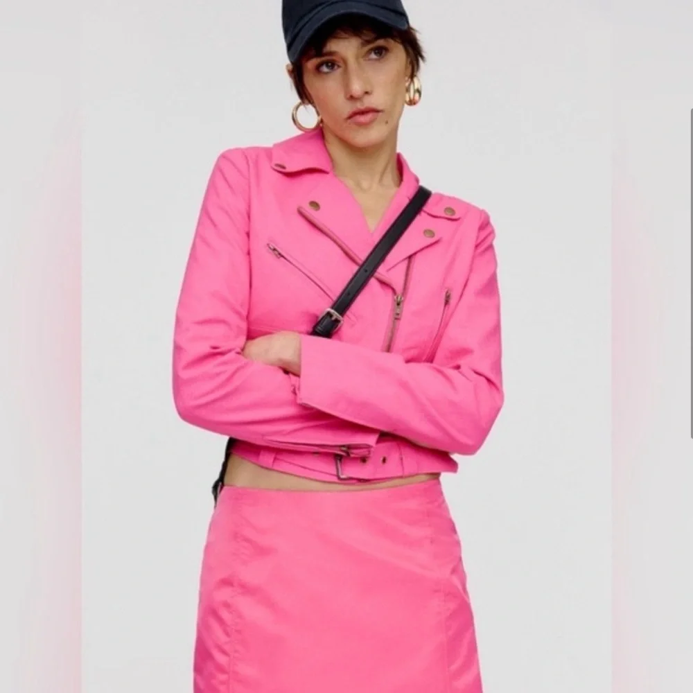 DOLAN for Anthropologie Cropped Linen Slim Moto Jacket in‎ Hot Pink.